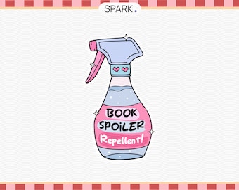 Op de afbeelding: Een roze en blauwe cartoon spuitfles met de tekst "BOOK SPOILER Repellent!" op het etiket.