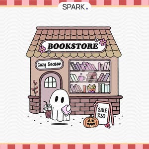 Cozy Ghost Bookstore PNG SVG: Fall Halloween Book Lover Design (Commercial Use