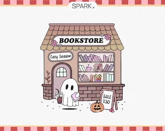 Cozy Ghost Bookstore PNG SVG: Fall Halloween Book Lover Design (Commercial Use