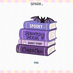 May include: A stack of four purple books with a black bat perched on top. The spines feature the text SPOOKY, HAUNTED HOUSE with a coffin icon, GHOST STORY with a ghost icon, and CURSED OBJECT with a spiderweb icon. The illustration is in a flat style.