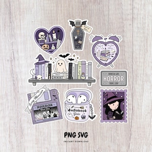 May include: A selection of Halloween-themed stickers in purple and white. Designs include a heart-shaped bookshelf, a coffin, an alarm clock, a bookshelf with a ghost, a license plate that says "HORROR", a floppy disk, and a witch.