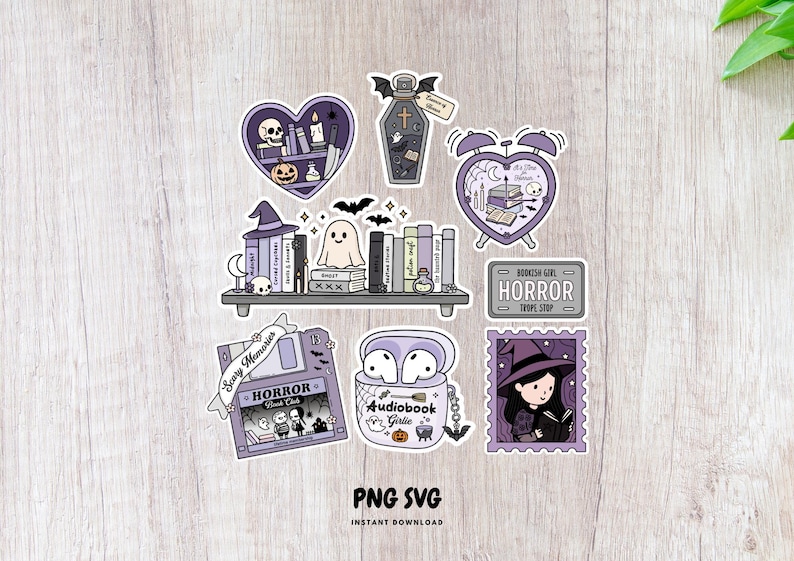 May include: A selection of Halloween-themed stickers in purple and white. Designs include a heart-shaped bookshelf, a coffin, an alarm clock, a bookshelf with a ghost, a license plate that says "HORROR", a floppy disk, and a witch.