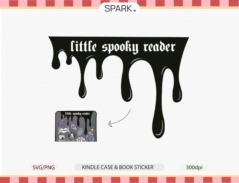 Pode incluir: Gr&aacute;fico preto com o texto "little spooky reader" em fonte g&oacute;tica, com efeito de tinta pingando. Uma imagem menor mostra um design de adesivo para capa Kindle e livro com adesivos tem&aacute;ticos assustadores.