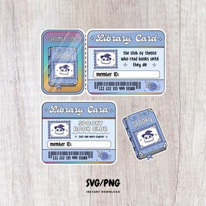 May include: A collection of light blue stickers with a spooky theme. The stickers include a library card, a book, and an admit one ticket, all featuring a ghost wearing a witch hat. The text includes "Spooky Book Club".
