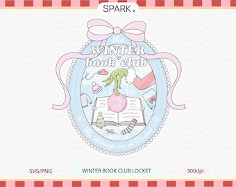 May include: A light blue oval design with the text "the WINTER book club" and illustrations of winter-themed items. A pink bow and ribbon frame the design. The text "My Holidays are all Booked" is also included.