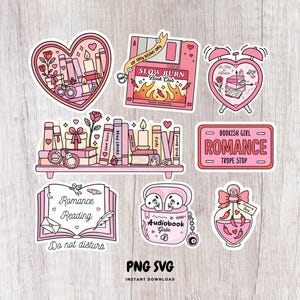 May include: A collection of pink stickers with a romance theme. Designs include a heart-shaped alarm clock, a floppy disk with "Slow Burn Book Club", a bookshelf, and a bottle with chili peppers. Text includes "Romance Reading" and "Audiobook Girl".