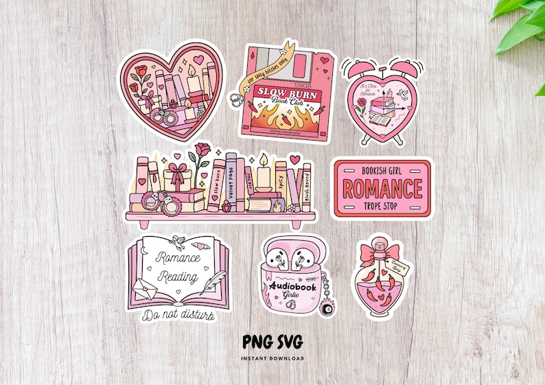May include: A collection of pink stickers with a romance theme. Designs include a heart-shaped alarm clock, a floppy disk with "Slow Burn Book Club", a bookshelf, and a bottle with chili peppers. Text includes "Romance Reading" and "Audiobook Girl".
