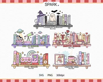 Bookshelf Bundle PNG SVG : Bookish Gamer Girl  / Smutty, Horror, Sci-Fi, book club / Winter bookshelf