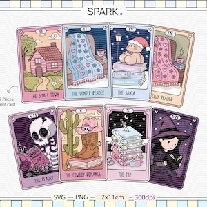 May include: Nine Pisces tarot cards with whimsical illustrations. Each card features a unique design, including a house, a cozy scene, a teddy bear, a skeleton, a cowboy, a stack of books, and a witch. Text on the cards includes "The Small Town" and "The Winter Reader."