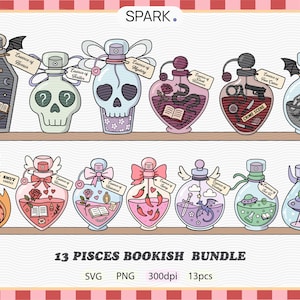 May include: Thirteen illustrated potion bottles with diverse themes, such as a coffin, skulls, and hearts. Each bottle features a label with phrases like "Essence of Horror" and "Essence of Mystery". The text "13 PISCES BOOKISH BUNDLE" is also visible.