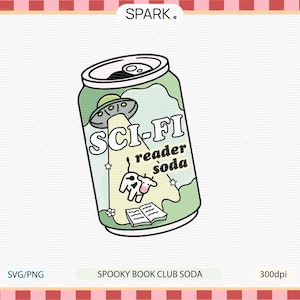 Peut inclure: Une canette de soda verte et blanche avec le texte "SCI-FI reader soda". La canette présente un vaisseau spatial extraterrestre, une vache, un livre et des étoiles. Les mots "SPOOKY BOOK CLUB SODA" sont en bas.