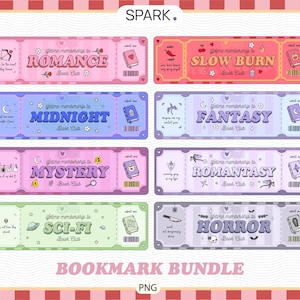 Puede incluir: Un conjunto de marcapáginas coloridos con temas como Romance, Slow Burn, Midnight, Fantasy, Mystery, Romantasy, Sci-Fi y Horror. Cada marcapáginas presenta ilustraciones únicas y el texto "lifetime membership to Book Club". La palabra "SPARK" está en la parte superior.