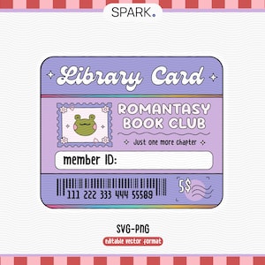May include: A purple library card with a frog illustration and the text "Romantasy Book Club" and "Just one more chapter". The card has a barcode and a space for a member ID.