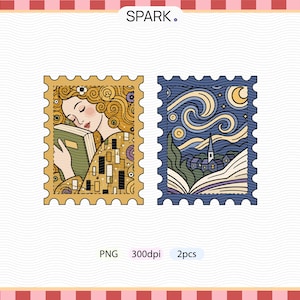 Pode incluir: Dois designs decorativos de selos postais. Um apresenta uma mulher com cabelo esvoaçante lendo um livro, o outro retrata uma cena de noite estrelada com uma igreja. A palavra "SPARK" está no topo.