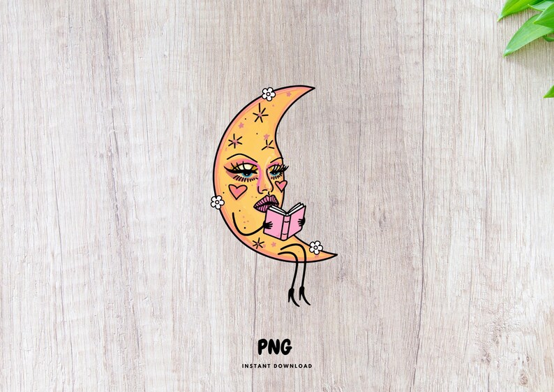 May include: A whimsical illustration of a crescent moon with a face, reading a pink book. The moon is yellow with a face, hearts, and floral accents. The image includes the text "PNG INSTANT DOWNLOAD".