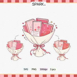 May include: Digital illustration of three bouquets of books wrapped in white paper and tied with pink ribbons. The books are pink and red with heart and rose designs. The text "Romance Reader" is visible.