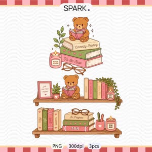 Paquete de libros románticos de Cozy Bear Reading, imágenes prediseñadas de estantería acogedora para amantes de los libros, pegatinas estéticas de libros pendientes de leer, conjunto PNG para amantes de los libros
