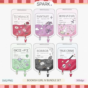 以下が含まれることがあります： ロマンス、ファンタジー、ロマンタジー、SF、ホラー、トゥルー・クライムの各ジャンルがラベル付けされた、6つのIVバッグのイラストセット。バッグには色の付いた液体とテーマ別のアイコンが充填され、下部には「BOOKISH GIRL IV BUNDLE SET」の文字が記載されています。