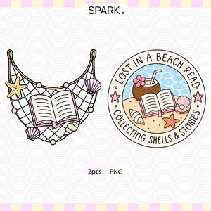 May include: Two digital illustrations featuring an open book nestled in a fishing net with seashells and starfish, and a circular badge with the text LOST IN A BEACH READ COLLECTING SHELLS & STORIES, depicting a coconut drink, book, and shells.
