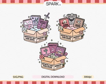 May include: Digital download graphic featuring three boxes of books with the text "Definitely Not More Books" and "Bookish Delivery." Each box contains books with titles like "Dragon & Shords," "Dark Romance," and "Wild West." The image includes floral accents.