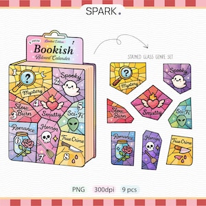 May include: A limited edition "Bookish Advent Calendar" with stained glass genre set illustrations. The colorful design includes a magnifying glass, ghost, heart, alien, rose, skull, and knife, with text labels like "Mystery" and "Spooky".