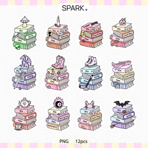 May include: A digital collection of 12 illustrations featuring stacks of books with various themed icons on top, including a UFO, candle, knife, house, dragon, cowboy boots, ice skates, aeroplane, teapot, 8-ball, crab, and bat. Text reads SPARK.