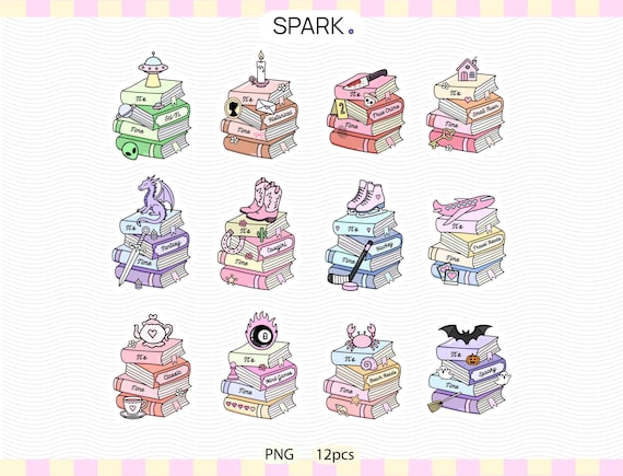 Cute Book Stack PNG Bundle | Pastel Doodle Bookish Clipart | Reader Sticker Pack | Commercial Use