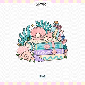Puede incluir: Una pila de tres libros decorada con ilustraciones de temática oceánica que incluyen una concha rosa abierta con una perla, una estrella de mar, una botella de cristal con un pergamino, coral, perlas y varias conchas en tonos rosa, azul, morado y turquesa.