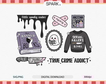 True Crime Bundle PNG SVG / Cute Trendy Aesthetic Mystery Book Lovers/ Kindle Png sticker / Horror Bookish dark romance / Commercial Use Cut