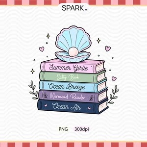 Sjöjungfrubokstack PNG | Pastell kustboksliknande clipart | Havsromantiska böcker | Sublimering av strandläsare