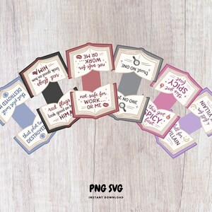 Puede incluir: Una colecci&oacute;n de dise&ntilde;os digitales en forma de libro con varias frases como "red flags look good on him" y "this got spicy fast". Los dise&ntilde;os presentan una paleta de colores rojo, negro y morado, con texto de estilo manuscrito.