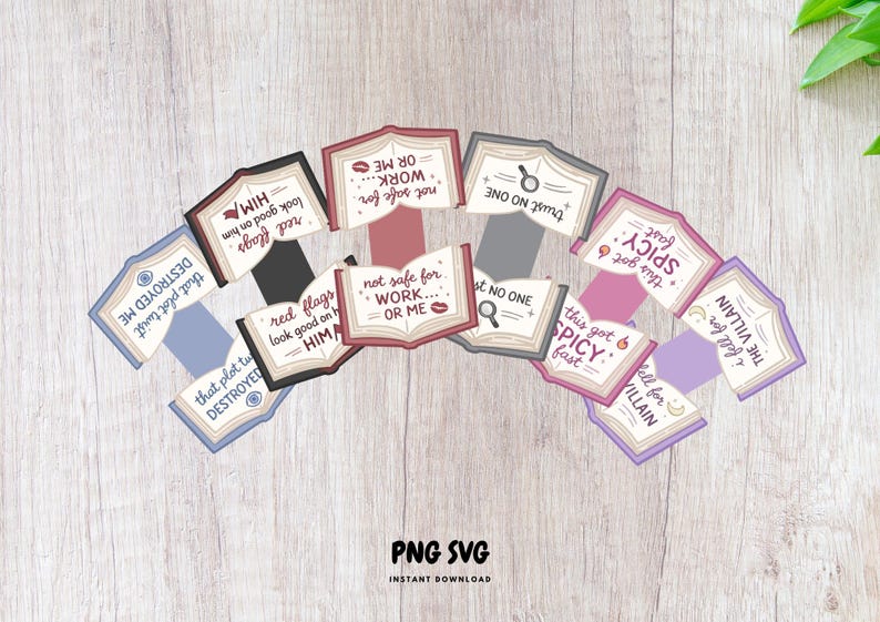 Puede incluir: Una colecci&oacute;n de dise&ntilde;os digitales en forma de libro con varias frases como "red flags look good on him" y "this got spicy fast". Los dise&ntilde;os presentan una paleta de colores rojo, negro y morado, con texto de estilo manuscrito.