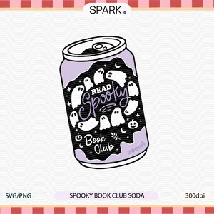 May include: A purple soda can with a black label featuring white ghosts, stars, and the words "Read Spooky Book Club." The can also has a small pumpkin and moon graphic. The can is labeled "200ml."