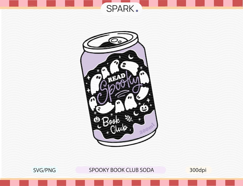 May include: A purple soda can with a black label featuring white ghosts, stars, and the words "Read Spooky Book Club." The can also has a small pumpkin and moon graphic. The can is labeled "200ml."