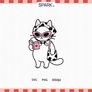 May include: A cartoon illustration of a white cat wearing pink sunglasses, a black and white patterned headscarf, and carrying a matching purse. The cat is holding a pink book with a heart on it. The word "SPARK" is at the top.