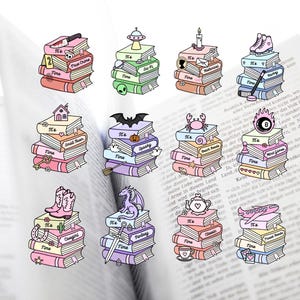 May include: A collection of twelve sticker designs, each featuring a stack of three books labelled 'It's Time' with unique icons on top, including a knife, UFO, candle, skates, house, bat, crab, 8-ball, cowboy boots, dragon, teapot, and aeroplane.