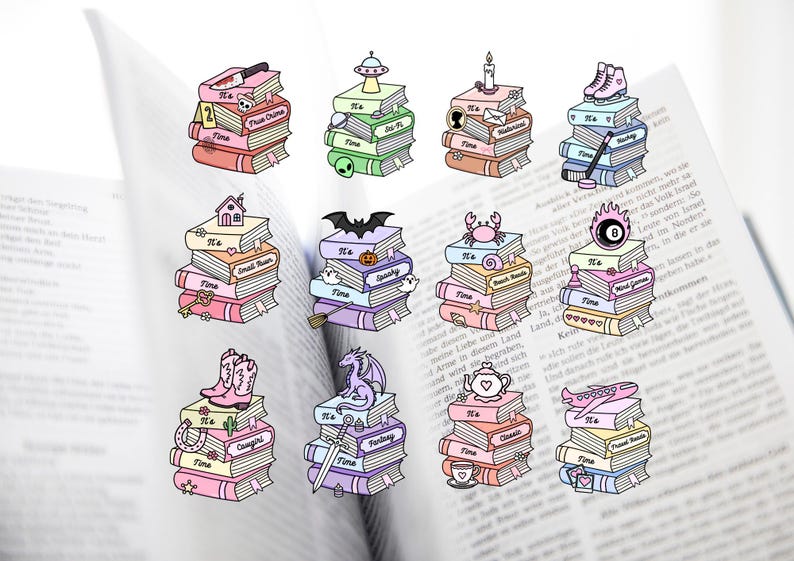 May include: A collection of twelve sticker designs, each featuring a stack of three books labelled 'It's Time' with unique icons on top, including a knife, UFO, candle, skates, house, bat, crab, 8-ball, cowboy boots, dragon, teapot, and aeroplane.