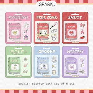 May include: A set of six bookish starter packs with different themes: Romantasy, True Crime, Smutt, Sci-Fi, Spooky, and Mystery. Each pack features a book illustration and themed accessories, all in a limited edition design. The text "SPARK" is at the top.