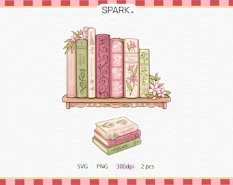 Clipart di libreria floreale / Libro in stile cottagecore, PNG pastello (digitale)