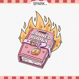 Op de afbeelding: Een roze boek met de tekst "read banned books" op de kaft staat in brand. Het boek is vastgebonden met een roze lint en heeft een hangslot.