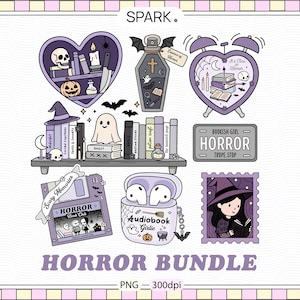 May include: A selection of purple and white horror-themed illustrations. Features a heart-shaped shelf with books and a skull, a coffin with a cross, a heart-shaped clock, a bookshelf, a floppy disk, a case of earbuds, and a witch postage stamp. Text: HORROR BUNDLE.