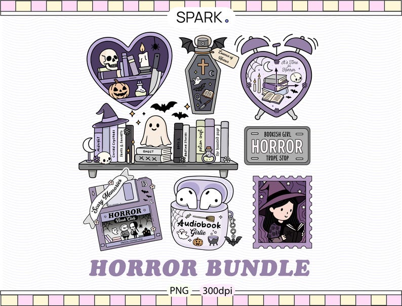 May include: A selection of purple and white horror-themed illustrations. Features a heart-shaped shelf with books and a skull, a coffin with a cross, a heart-shaped clock, a bookshelf, a floppy disk, a case of earbuds, and a witch postage stamp. Text: HORROR BUNDLE.