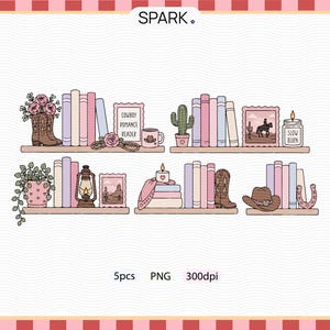 Pode incluir: Um conjunto de ilustrações digitais com cinco prateleiras decoradas com livros, botas de cowboy, cactos, molduras, velas, uma lanterna, uma ferradura e um chapéu de cowboy. O texto "SPARK." aparece no topo, "5pcs PNG 300dpi" abaixo.