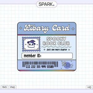 May include: A light blue "Libary Card" design with the text "Spooky Book Club" and "Just one more chapter". The card features a ghost wearing a witch hat and a barcode with the text "member ID:" and "111 222 333 444 55589".
