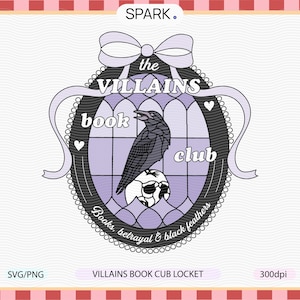 Peut inclure: Un motif décoratif avec un corbeau perché sur un crâne, dans un cadre ovale violet et noir. Le texte indique "the VILLAINS book club" avec les mots "Books, betrayal & black feathers" en dessous. Le motif comprend un nœud et des cœurs.