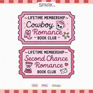 Puede incluir: Dos diseños rosas con forma de ticket con el texto "Cowboy Romance Book Club" y "Second Chance Romance Book Club". Cada diseño incluye elementos decorativos como un sombrero de vaquero, una calavera, una bota, un reloj de arena y un sobre.