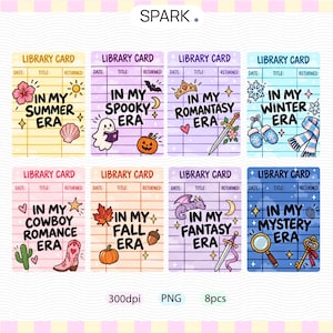 Könnte beinhalten: Ein Set aus acht rechteckigen Bibliothekskarten mit farbenfrohen Themen wie Summer, Spooky, Romantasy, Winter, Cowboy Romance, Fall, Fantasy und Mystery. Jede Karte zeigt spezifische Symbole wie Blumen, Geister, Schwerter und Kürbisse.