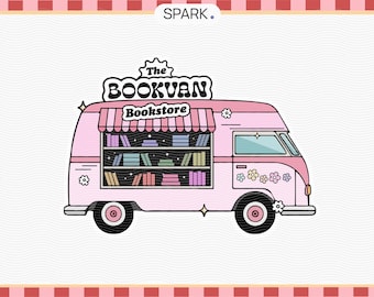 Pink Bookmobile PNG SVG: Retro Bookstore Sticker (Commercial Use)