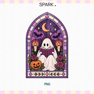 May include: A stained glass window illustration featuring a white ghost reading a purple book. The scene includes a crescent moon, stars, bats, two lit candles, red roses, and an orange jack-o'-lantern. The word SPARK is printed at the top.