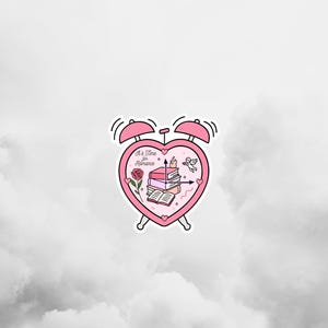 May include: A pink sticker featuring a heart-shaped alarm clock with the text "It's a Time for Romance." Inside the heart are books, a rose, a candle, and a small angel. The sticker has a white border and is set against a cloudy background.